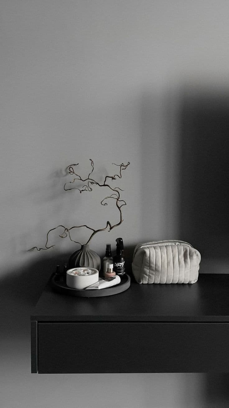Dark styled console with a sculptural branch, ceramic tray and skincare products