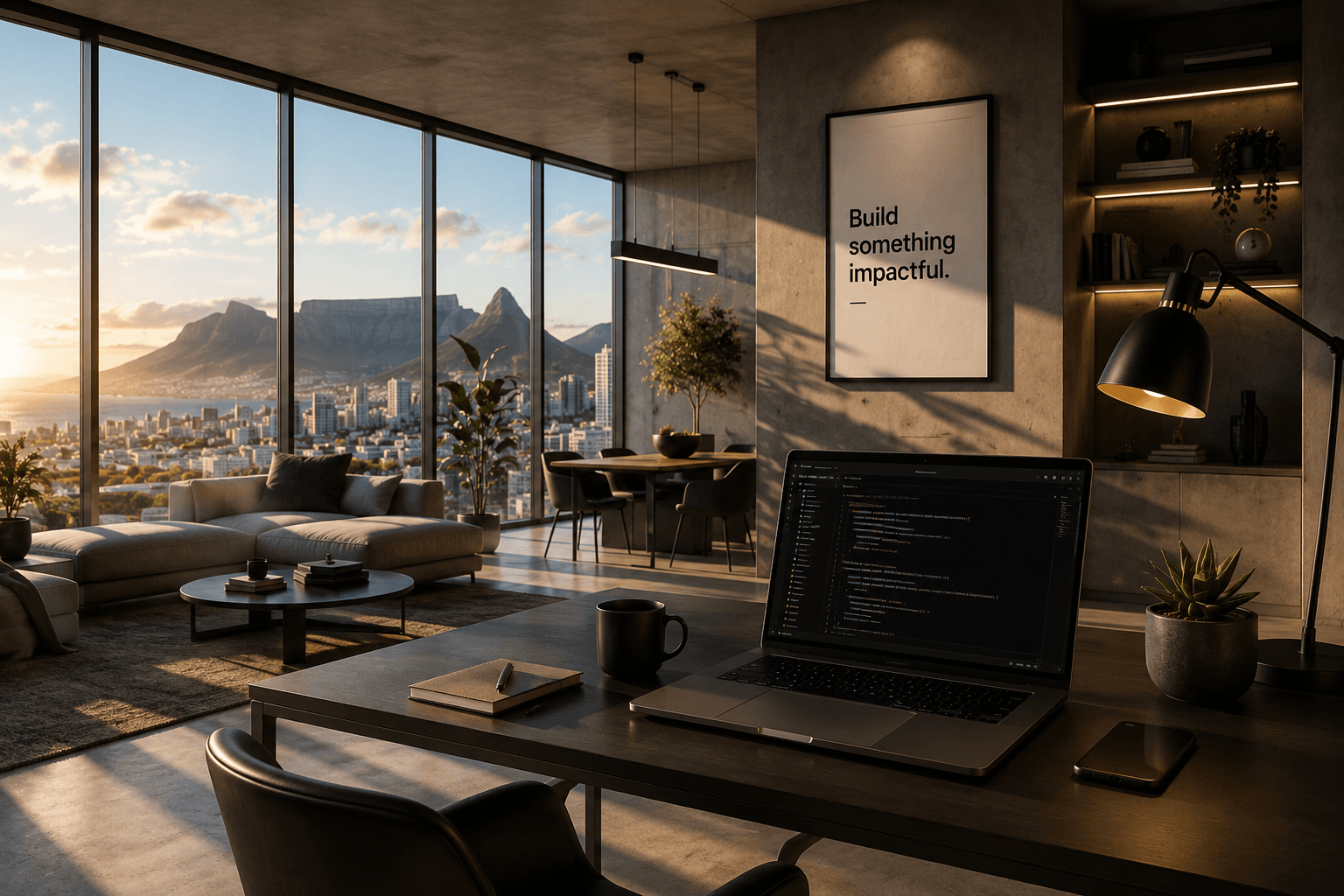 Modern apartment workspace with a laptop, overlooking Table Mountain at golden hour
