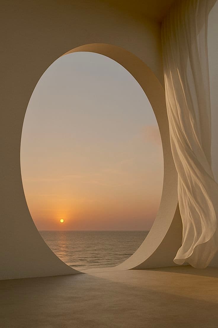 Interior arch framing an ocean sunset with a sheer curtain