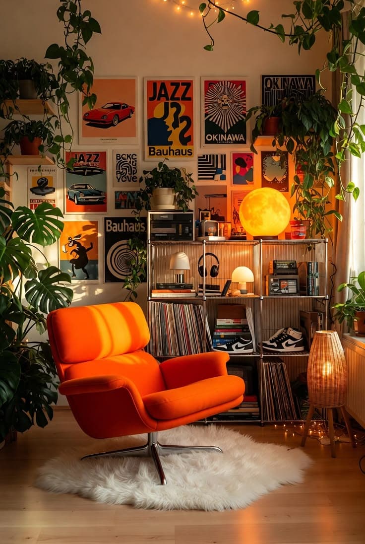 Wall of framed graphic prints above a bright orange chair